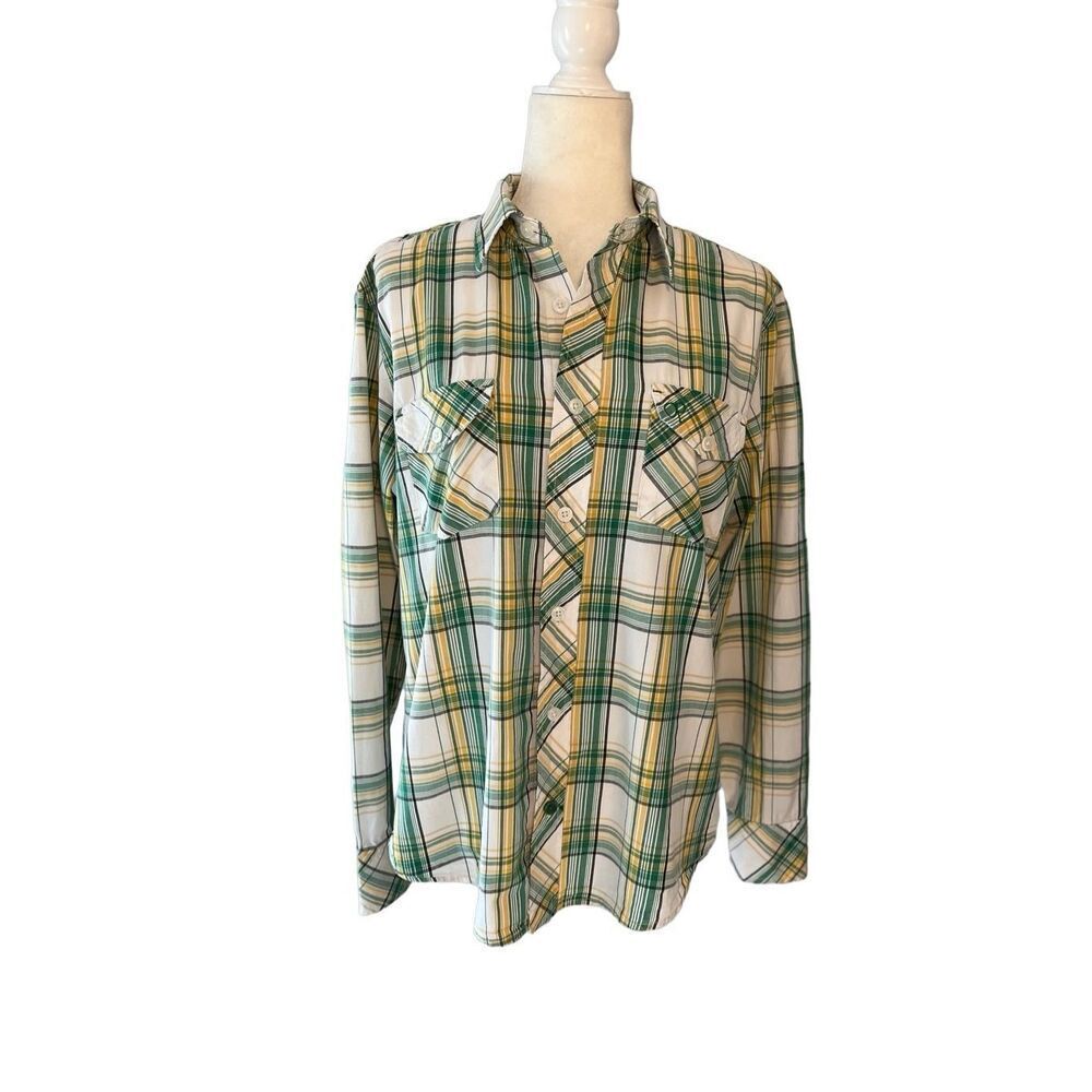 OP white/green/yellow plaid button down shirt with chest pockets - M